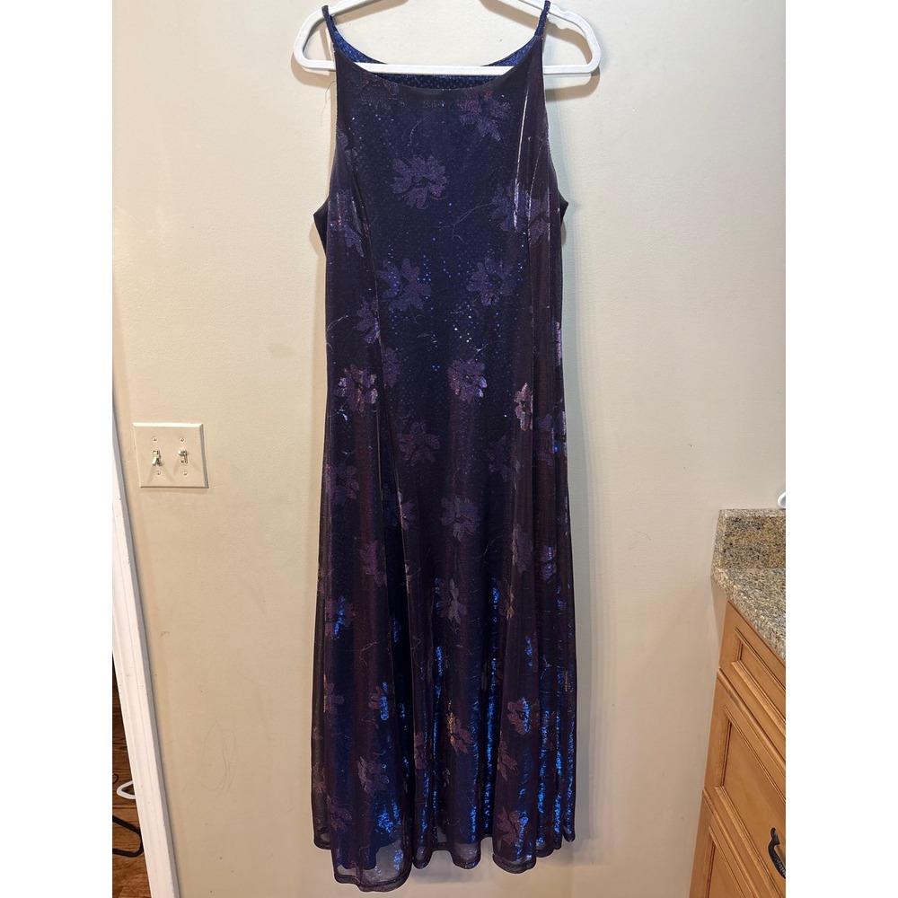 Y2K Helene Blake VTG Iridescent Sequin Floral Burnout Maxi Dress Purple Blue 16